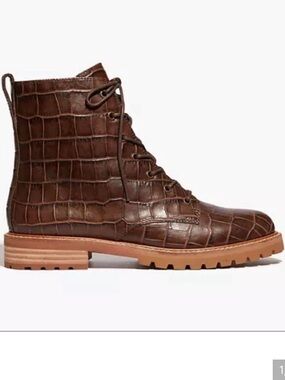 Madewell Brown Croc-Textured Leather Lace-Up Boots size 7